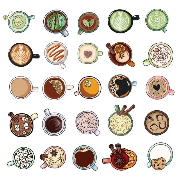 Vector illustration of Set of cute yummy beverages. Cups of tea and coffee doodles. Hand drawn cartoon style collection of doodles