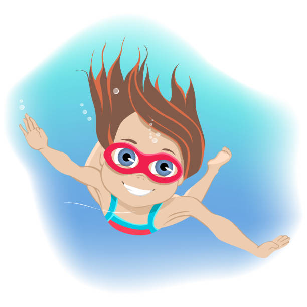 Happy childhood concept. Happy active little girl wearing goggles swimming underwater in a swimming pool during her summer vacation in a colorful cartoon vector illustration Happy active little girl wearing goggles swimming underwater in a swimming pool during her summer vacation in a colorful cartoon vector illustration. cartoon of a swimming goggles stock illustrations