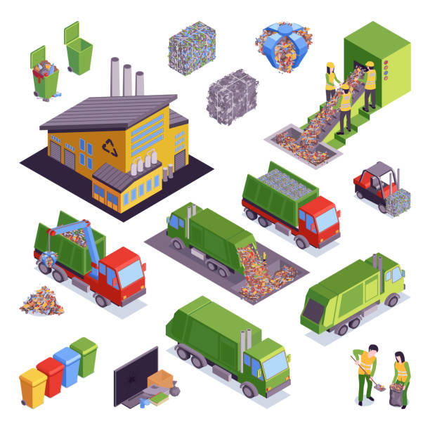 Isometric Garbage Recycling Icon Set Isometric garbage recycling icon set with sorting and pressing garbage containers and trucks vector illustration plastic or metal measuring cup stock illustrations