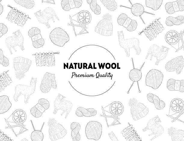 니트 손으로 그린 기호 패턴, 디자인 요소와 자연 양모 배너 템플릿 브로셔, 소책자, 카드 벡터 일러스트레이션에 사용할 수 있습니다 - crochet knitting hat wool stock illustrations