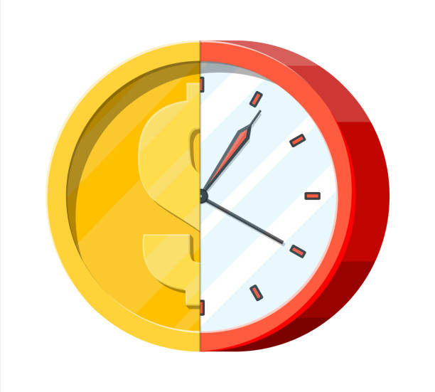 Clock and golden coin. Clock and golden coin. Annual revenue, financial investment, savings, bank deposit, future income, money benefit. Time is money concept. Vector illustration in flat style watch cartoon gold illustration and painting stock illustrations