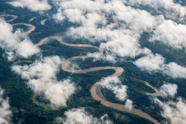 Aerial view of jungle and the Sogeram River in Madang Province, Papua New Guinea