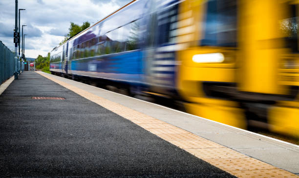 Modern train in railway station in Newtongrange, Scotland , Uk stock photo