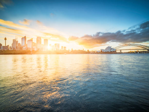 Panoramic view of sydney harbor skyline during sunset,Australia.