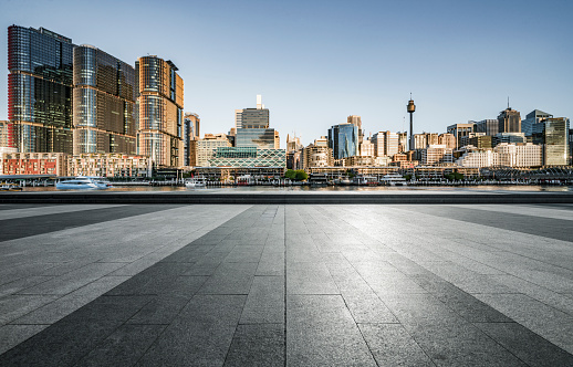 empty pavement front of city skyline,sydney,Australia.