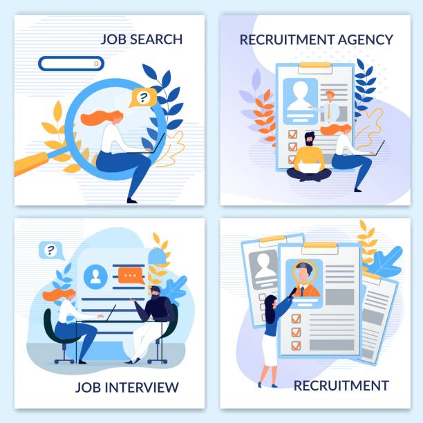 Human Resources, Hiring, Recruitment Cards Set Human Resources, Job Search, Interview, Hiring, Recruitment Agency Flat Cards Set. Vector People Characters Searching Vacancy, Office HR Agents Examining Resume and Interviewing Candidate Illustration interview event patterns stock illustrations