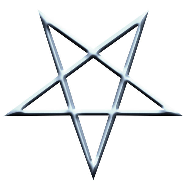 symbole pentagram inversé. symboles wiccan- croix de soufre. cercle de sorts runic en métal. signe satanique, anneau de coulée magique. pentalpha, pentangle. illustration 3d. - pentangle photos et images de collection