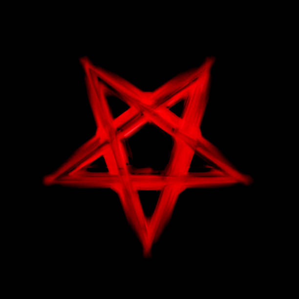 symbole pentagram inversé. symboles wiccan- croix de soufre. cercle de sorts runic rouge sang. signe satanique, anneau de coulée magique. pentalpha, pentangle. illustration 3d. - pentangle photos et images de collection