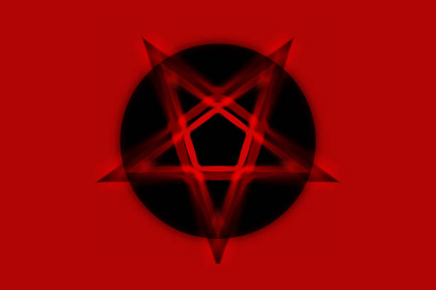 symbole pentagram inversé. symboles wiccan- croix de soufre. cercle de sorts runic rouge sang. signe satanique, anneau de coulée magique. pentalpha, pentangle. illustration 3d. - pentangle photos et images de collection