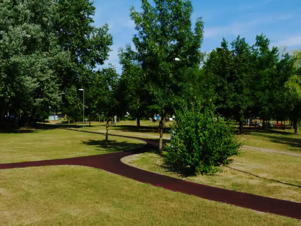 brown soft rubber running track in forest like lush green park setting. green grass & landscaping under blue sky. active lifestyle & healthy living concept. fresh green background. sports & recreation