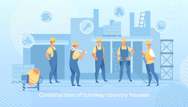 ÐÐ»Ñ ÐнÑеÑнеÑа Construction of Turnkey Country Houses Service. Group of Engineers in Working Robe and Helmets with Building Equipment Tools. Carpenter Repairman, Builder, Home Master Cartoon Flat Vector Illustration turnkey project stock illustrations