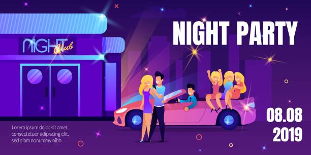 Night Party in Club Advertising Festive Banner Night Party in Club Advertising Festive Banner. Invitation Poster with Date and Promotion Editable Text. Cartoon Flat People Illustration. Girls Group in Car and Couple in Love near Nightclub Entrance woman driving car night stock illustrations