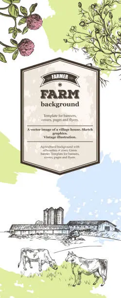 Vector illustration of Agricultural background. Vintage illustration. Sketch graphics. Vertical banner