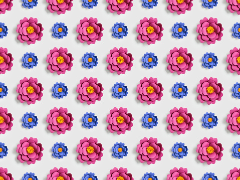 pink and blue paper flowers on grey, seamless background pattern