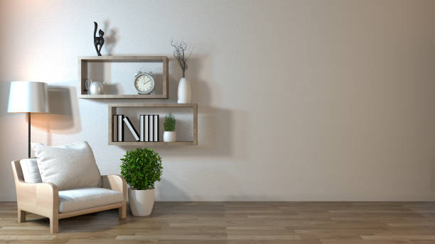 istock Interior mock up with armchair in japanese living room with empty wall. 3D rendering 1162697543