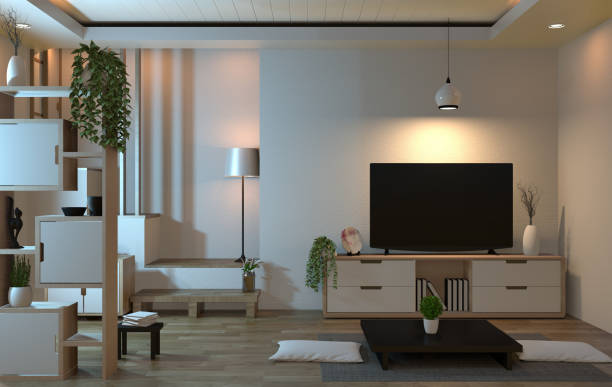 istock interior living room zen style with smart tv and decoration style japanese. 3D rendering 1162697607