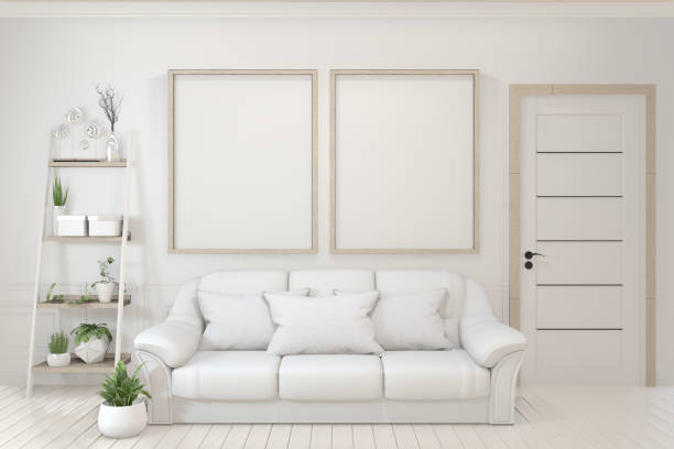 istock Interior poster mock up with  empty wooden frames, sofa, plant and lamp in empty room with white wall. 3D rendering 1162697888