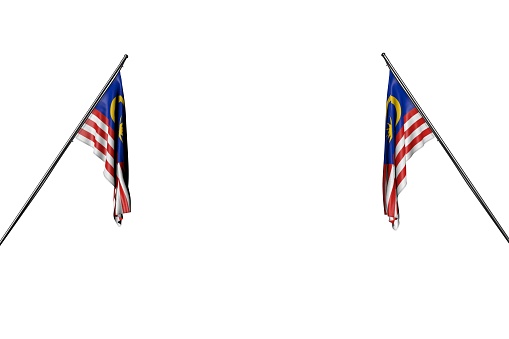 pretty day of flag 3d illustration\n - two Malaysia flags hangs on in corner poles from two sides isolated on white