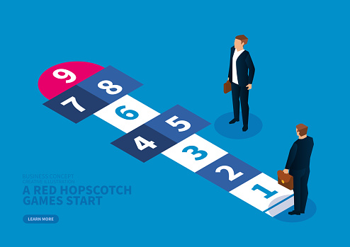 Business progress concept, red hopscotch game begins