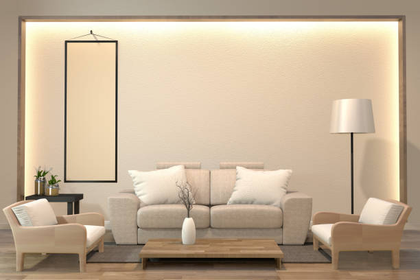 istock minimal interior design room japanese style with sofa and arm chair and low table design hidden light in shelf wall.3D rendering 1162698938