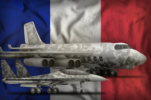 air forces with grey camouflage on the France flag background. France air forces concept. 3d Illustration