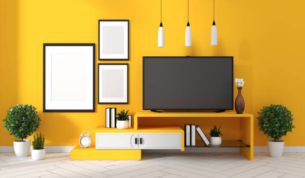 istock Tv cabinet in yellow modern room,minimal designs, zen style. 3d rendering 1162700664