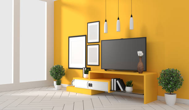 istock Tv cabinet in yellow modern room,minimal designs, zen style. 3d rendering 1162700723