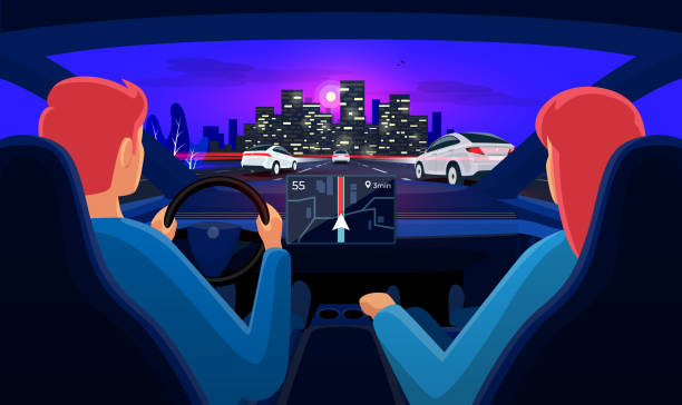Couple inside car interior on road trip highway traffic jam with night city skyline. Couple driving electric car on highway traffic jam to city. Man driver woman inside car interior on road trip. Dashboard display. Vector cartoon style with night skyline panoramic perspective horizon. woman driving car night stock illustrations