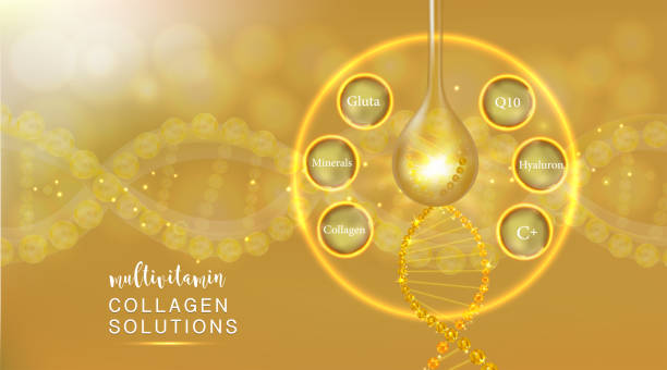 istock Hyaluronic acid plus multivitamins and mineral skin solutions ad, gold collagen serum drop with cosmetic advertising background ready to use, illustration vector. 1162702350