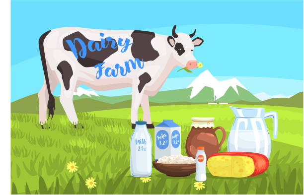 istock Landscape With Cow And Milk Products On The Foreground 1162706616