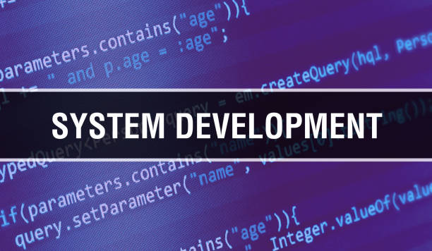 System development with Digital java code text. System development and Computer software coding vector concept. Programming coding script java, digital program code with System development on screen desarrollo del sistema con texto de código java digital. desarrollo de sistemas y concepto ial de codificación de software informático. programación de script de codificación java, código de programa digital con desarrollo del sistema en la pan