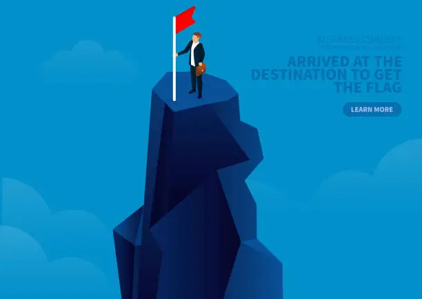 Vector illustration of Businessman climbed to the top and got the flag