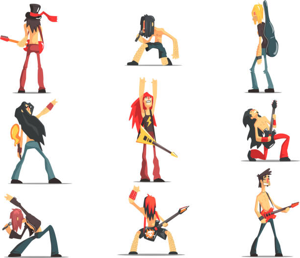 Rock Band Members Funny Characters Set Of Graphic Design Cool Geometric Style Rock Band Members Funny Characters Set Of Graphic Design Cool Geometric Style Isolated Drawings On White Background hair band stock illustrations