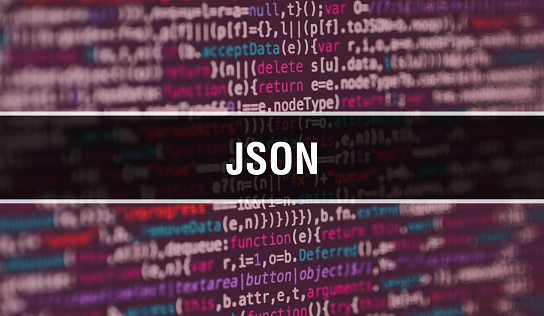 JSON with Abstract Technology Binary code Background.Digital binary data and Secure Data Concept. Software / Web Developer Programming Code and JSON. JSON Java Script Abstract Computer Script\