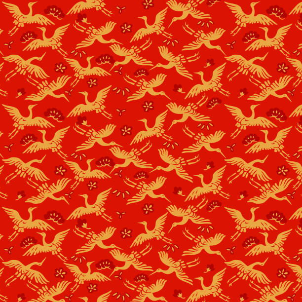 ilustraciones, imágenes clip art, dibujos animados e iconos de stock de heron japonés vintage patrón sin costuras - traditional culture heron bird animal