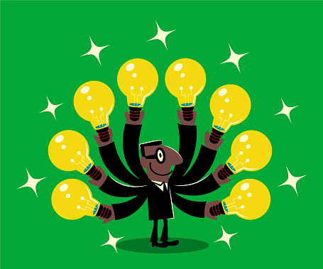 Businessman Characters Vector art illustration Full Length.
Inventive and resourceful African Ethnicity businessman with lots of hands and idea light bulb.