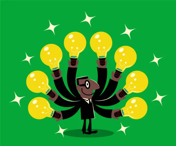 Vector illustration of Inventive and resourceful African Ethnicity businessman with lots of hands and idea light bulb