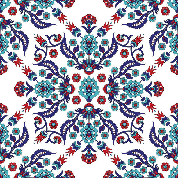 türkische arabische muster vektor nahtlos. osmanische iznik fliesen-design mit tulpenblumen. persischer hintergrund für tapete, teppich, teppich, haus textil, vorhang stoff. - islam art mosaic pattern stock-grafiken, -clipart, -cartoons und -symbole