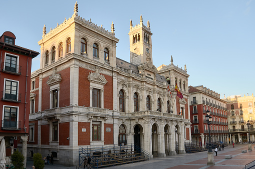 Valladolid, Spain - March 18, 2018: City Hall of Valladolid with steps to see processions. Take in Mayor Square.