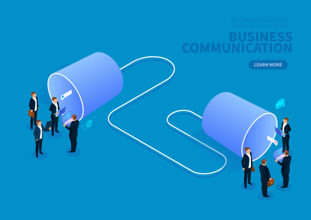 illustrations, cliparts, dessins animés et icônes de le concept de communication d'affaires, deux groupes d'hommes d'affaires parlent avec l'étain peut - communication connection can tin can phone