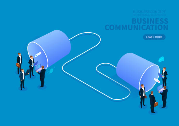 концепция делового общения, две группы бизнесменов разговаривают с жестяной банкой - telephone can communication tin can phone stock illustrations