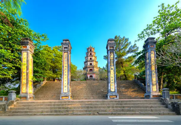 Photo of Thien Mu Pagoda in Hue City, Vietnam.