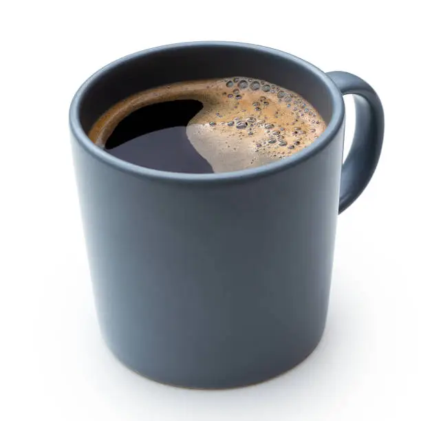 Black coffee in a blue-grey ceramic mug isolated on white.