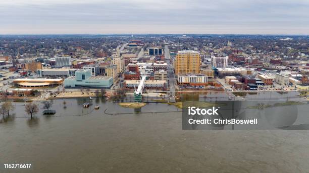 Flooding On The Mississippi Downtown Waterfront In Davenport Iowa Stock Photo - Download Image Now
