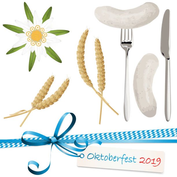 illustrations, cliparts, dessins animés et icônes de collection oktoberfest objects 2019 - munich beer garden veal sausage upper bavaria