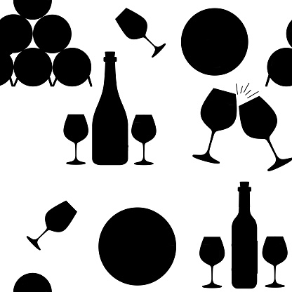 Seamless pattern. Stack of wooden alcohol barrel, red and white wine in bottle. Black silhouette. Great for pub or restaurant menu, label, poster. Flat vector illustration on white background