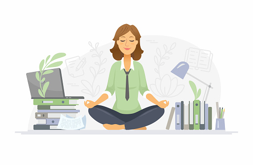 Mindfulness - modern vector cartoon people characters illustration on white background. A colorful composition with a woman meditating in lotus position at work in the office, trying to release stress