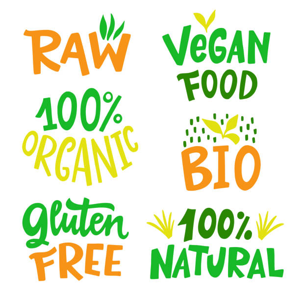 100 Percent Organic, Gluten free, Vegan, Bio, Eco, Natural food sign set 100 Percent Organic, Gluten free, Vegan, Bio, Eco, Natural food sign set, vector stamp sticker, product mark, label, emblem design. Hand drawn lettering, isolated on white background gluten free stock illustrations