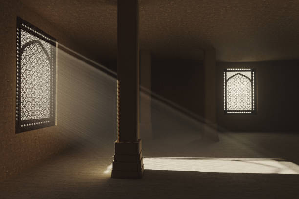 istock 3d rendering of ancient room with jali window shatters and light beams. 1162727472