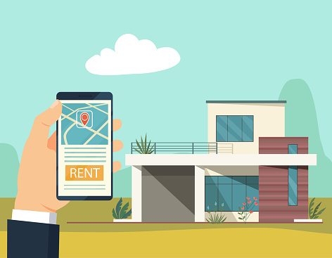 Hand hold smartphone. Rent house. Vector flat illustration,
